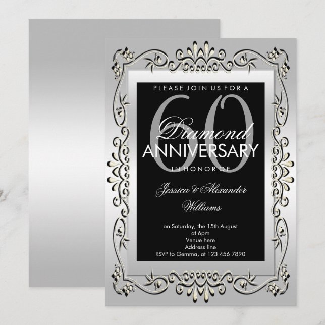 Invitación Elegante Decoración de Plata para Bodas de Diamant (Anverso / Reverso)