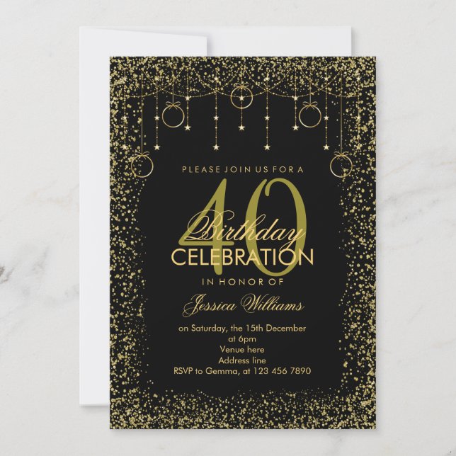 Invitación Elegante decoración en negro y oro Purpurina Cumpl (Anverso)