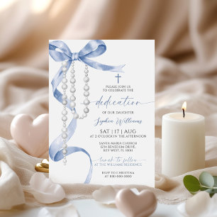 Invitación Elegante Dedicación Azul Bow & Rosary