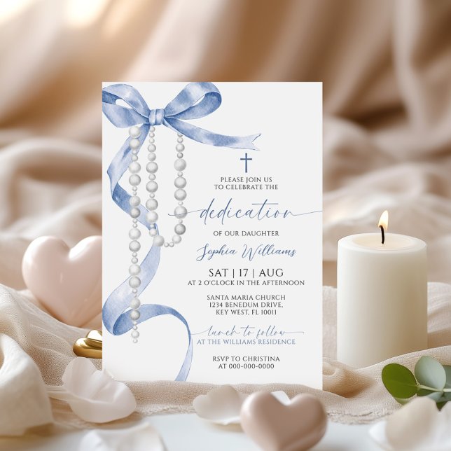 Invitación Elegante Dedicación Azul Bow & Rosary (Subido por el creador)