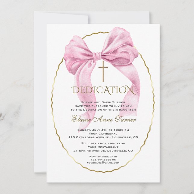 Invitación Elegante Dedicación Chica de Oro Bow Rosa (Anverso)