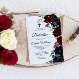 Invitación Elegante Dedicación de Flores Azules de Borgoña y 