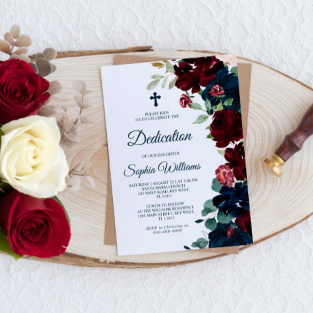 Invitación Elegante Dedicación de Flores Azules de Borgoña y  (Subido por el creador)
