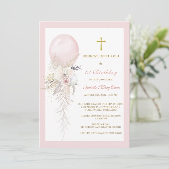 Invitación Elegante dedicación floral y primer cumpleaños (Anverso de pie)