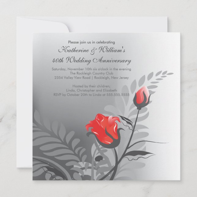 Invitación elegante del aniversario del rosa rojo (Anverso)