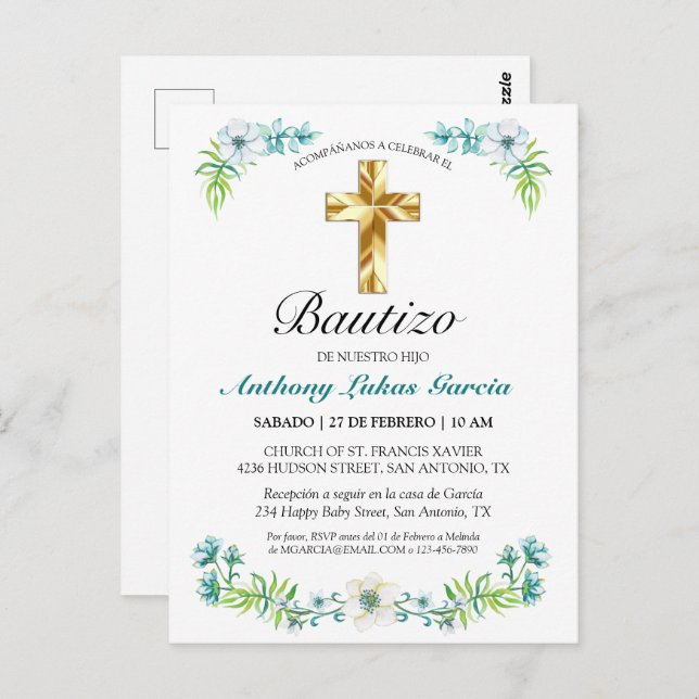 Invitación elegante del bautismo del muchacho (Anverso / Reverso)