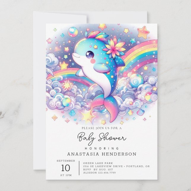 Invitación Elegante delfín dorado Baby Shower (Anverso)