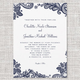 Invitación Elegante Delicado Encaje Boda Azul Marino Blanco C