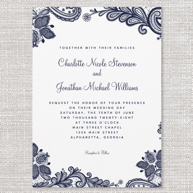 Invitación Elegante Delicado Encaje Boda Azul Marino Blanco C (Subido por el creador)