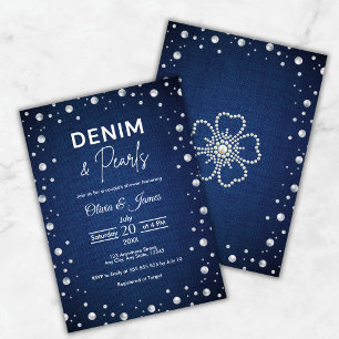 Invitación Elegante Denim Azul y Ducha de la Pareja de Perlas