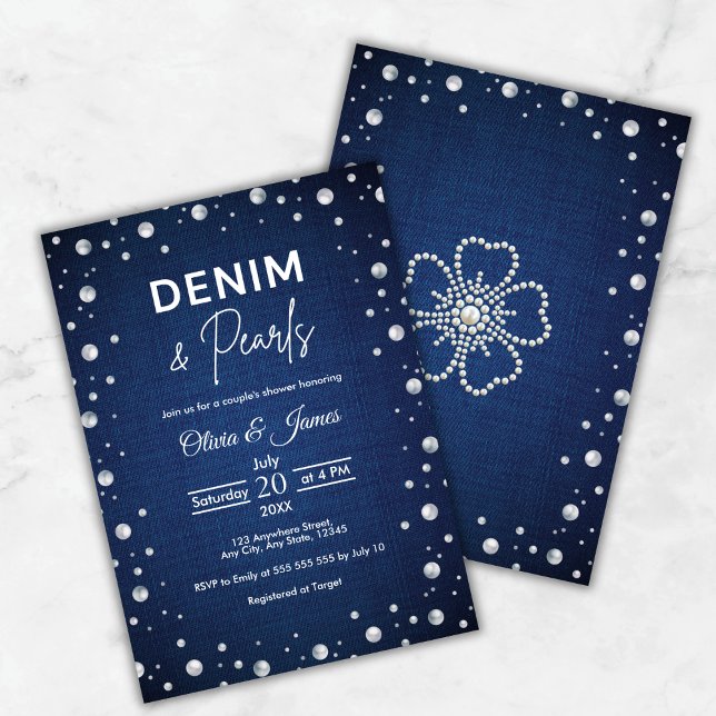 Invitación Elegante Denim Azul y Ducha de la Pareja de Perlas (Elegant Blue Denim and Pearls Couple's Shower Invitation     )