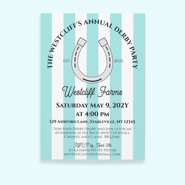 Invitación Elegante Derby Fiesta Blue Cabana Stripe Horseshoe (Duck Egg Blue Cabana Stripes Horseshoe Derby Horse Racing Party Invitation)
