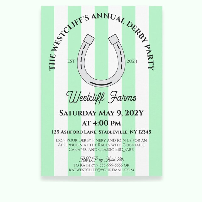 Invitación Elegante Derby Fiesta Mint Cabana Stripe Horseshoe (Mint Green Cabana Stripes Horseshoe Derby Horse Racing Party Invitation)