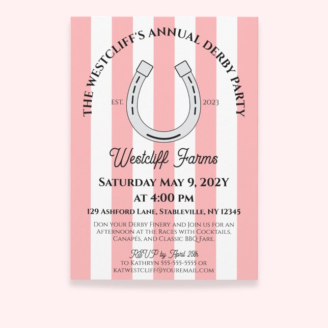 Invitación Elegante Derby Fiesta Rosa Cabana Stripes Horsesho (Pink Cabana Stripes Horseshoe Derby Horse Racing Party Invitation)