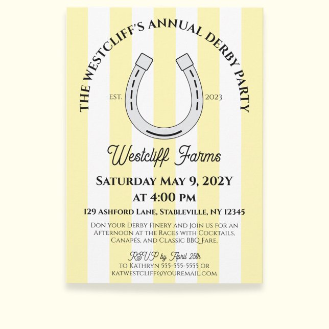 Invitación Elegante Derby Fiesta Yellow Cabana Stripe Horsesh (Butter Yellow Cabana Stripes Horseshoe Derby Horse Racing Party Invitation)