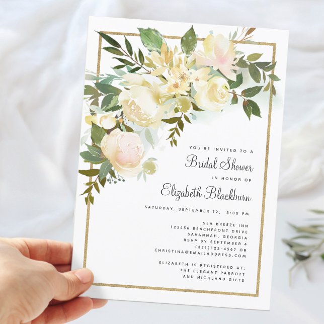 Invitación Elegante Desayuno Nupcial Floral Rústico con Acuar (Elegant Watercolor Floral Rustic Bridal Shower Invitation)
