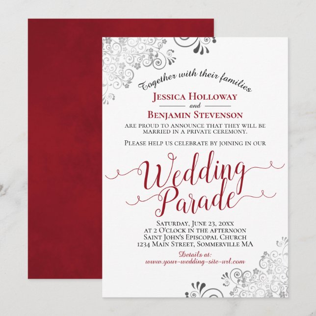 Invitación Elegante Desfile Boda Rojo y Plata Lacy (Anverso / Reverso)