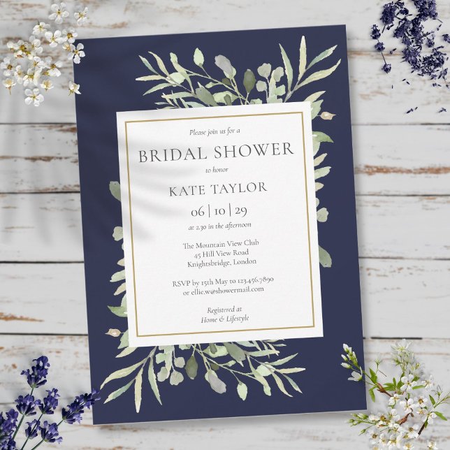 Invitación Elegante Despedida de Soltera Azul Marino con Verd (Elegant Navy Blue Gold Greenery Bridal Shower Invitation)