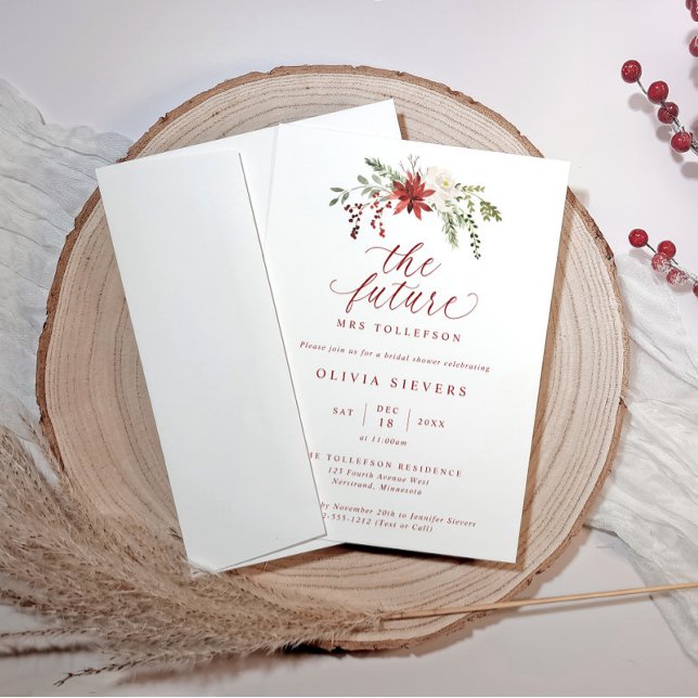 Invitación Elegante Despedida de Soltera Botánica de Navidad (Elegant winter bridal shower design with “The Future Mrs” and watercolor greenery and red berries.)