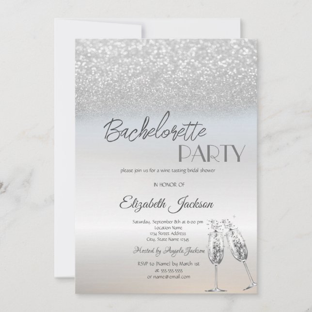 Invitación Elegante Despedida de Soltera con Brillo Plateado  (Anverso)