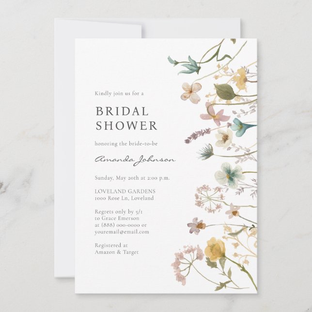 Invitación Elegante Despedida de Soltera con Flores Silvestre (Anverso)