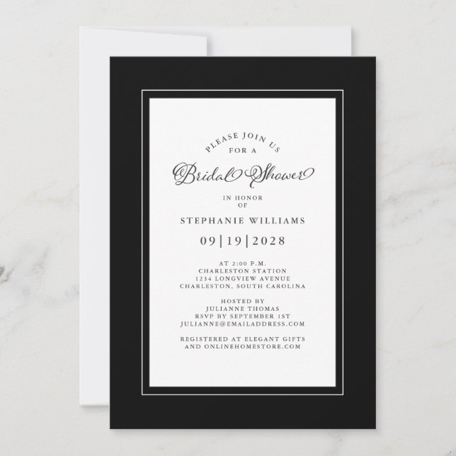 Invitación Elegante Despedida de Soltera de Boda en Blanco y  (Anverso)