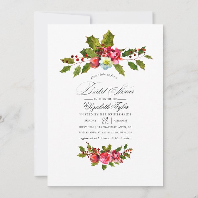 Invitación Elegante Despedida de Soltera de Navidad con Acebo (Anverso)