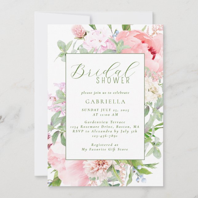 Invitación Elegante Despedida de Soltera Floral Acuarela Rosa (Anverso)