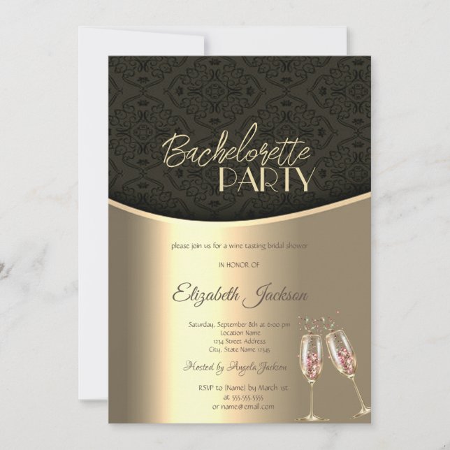 Invitación Elegante Despedida de Soltera Negra Damasco Dorado (Anverso)
