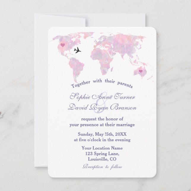 Invitación Elegante Destino Boda Acuarela Mapa Mundial (Anverso)