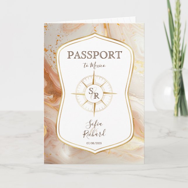 Invitación Elegante Destino Boda Pasaporte Compass Gold (Anverso)