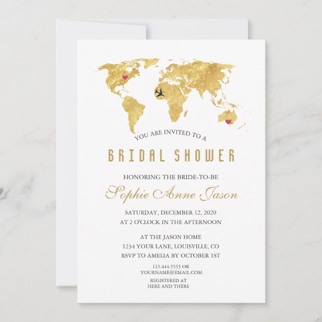Invitación Elegante Destino Gold World Map Bridal Shower (Anverso)