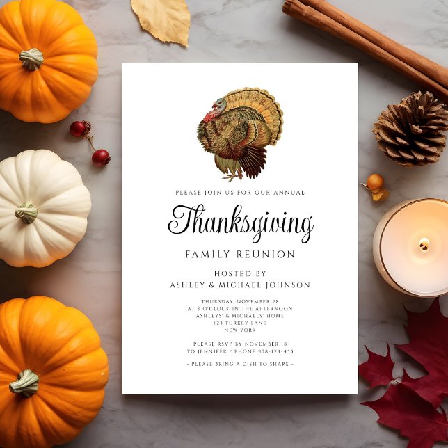 Invitación Elegante Día de Acción de Gracias de Familia Vinta (Elegant Vintage Family Reunion Thanksgiving Invitation)