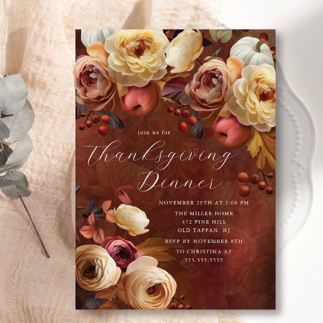 Invitación Elegante Día de Acción de Gracias Floral de Otoño (Subido por el creador)
