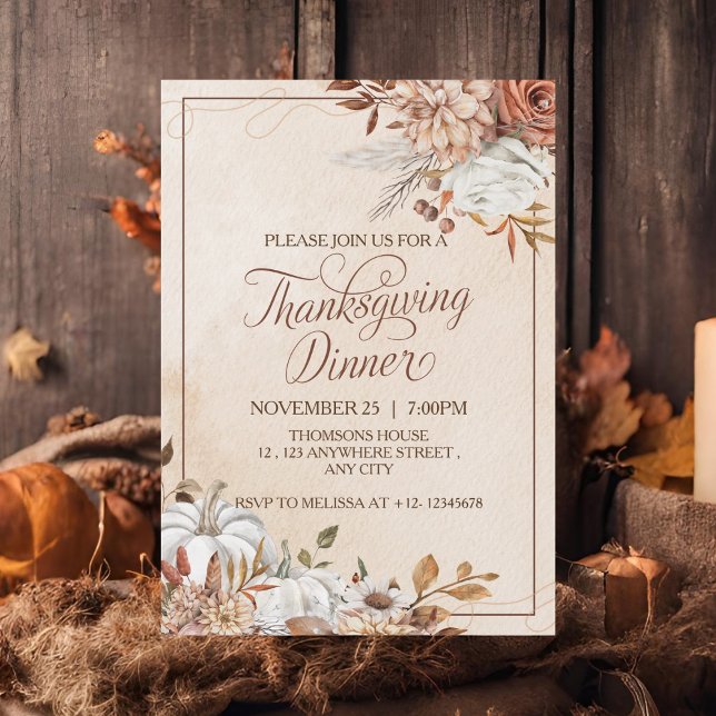 Invitación Elegante Día de Acción de Gracias Rústico Crema Ma (Subido por el creador)