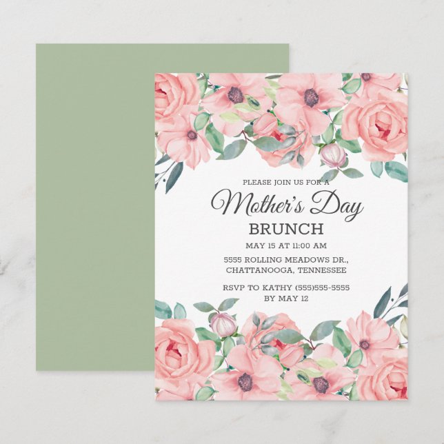 Invitación Elegante Día de la Madre Floral Verde Masaje Rosa  (Anverso / Reverso)