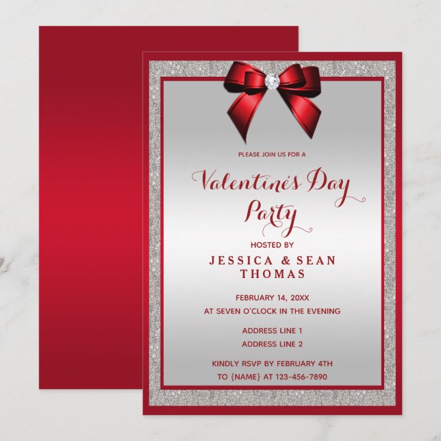 Invitación Elegante Día de San Valentín, Purpurina rojo y pla (Anverso / Reverso)