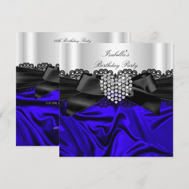 Invitación Elegante Día del Diamante Blanco Blanco Negro Azul (Anverso / Reverso)