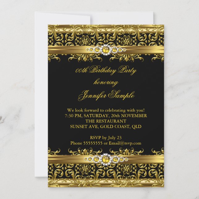 Invitación Elegante Día del Diamante de Oro Negro Damasco (Anverso)