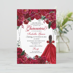 Invitación Elegante Día I de la Quinceanera floral roja y pla