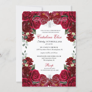 Invitación Elegante Día I de la Quinceanera floral roja y pla