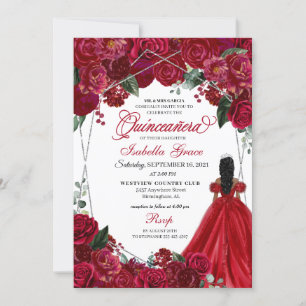 Invitación Elegante Día I de la Quinceanera floral roja y pla