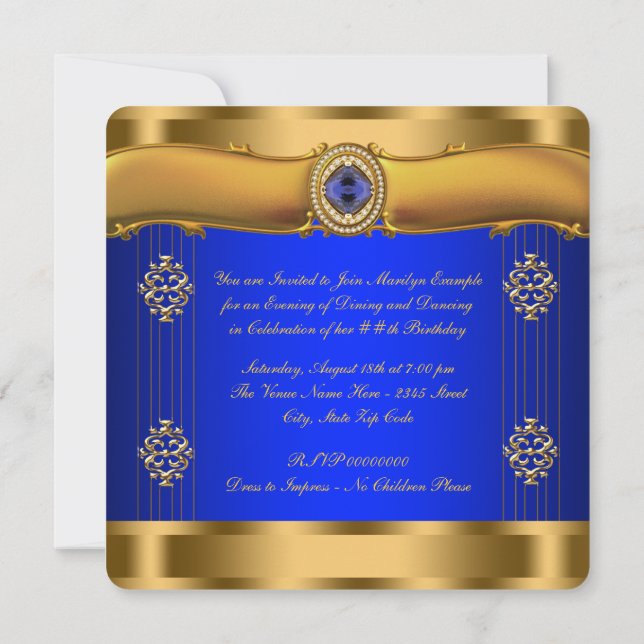 Invitación Elegante Día Real Azul y Oro (Reverso)