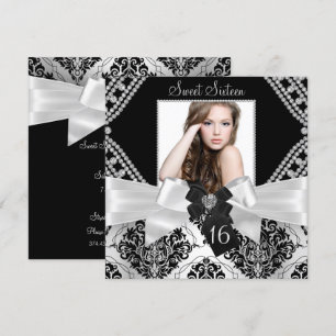 Invitación Elegante Diamante Bow Black Damask Photo Sweet 16