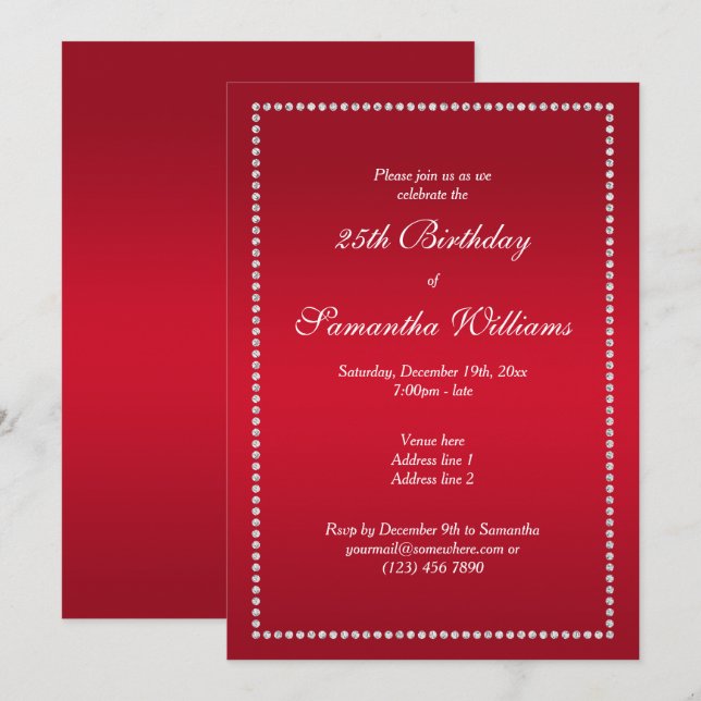 Invitación Elegante Diamante con marco de cumpleaños rojo (Anverso / Reverso)