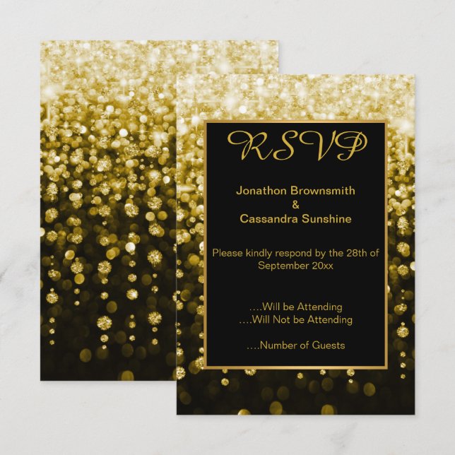 INVITACIÓN ELEGANTE DIAMANTE DE ORO NEGRO RSVP (Anverso / Reverso)