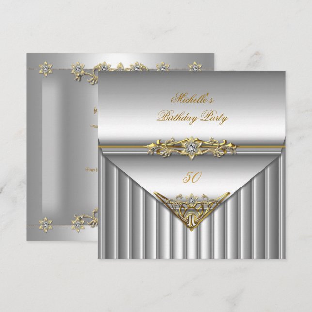 Invitación Elegante Diamante de Oro Plateado Fiesta de Cumple (Anverso / Reverso)
