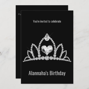 INVITACIÓN ELEGANTE DIAMANTE NEGRO MODERNO TIARA BIRTHDAY