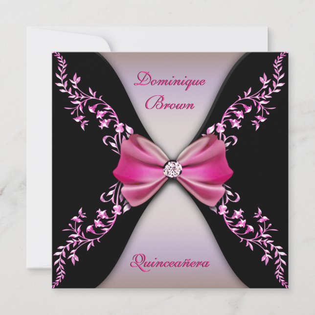 Invitación Elegante diamante negro rosado Quinceanera (Anverso)