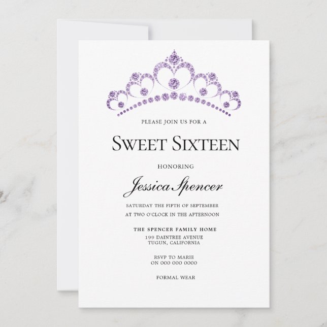 Invitación Elegante Diamante Púrpura Tiara Sweet 16 Invite (Anverso)